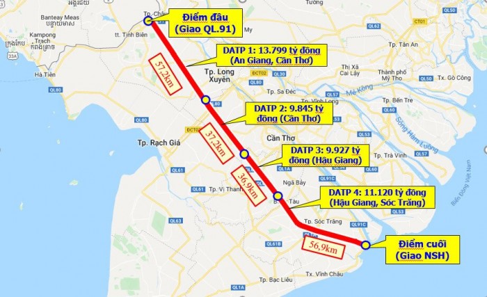 Cao tốc Châu Đốc - Cần Thơ - Sóc Trăng được quy hoạch có 4 phần xây dựng. 